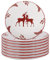 Christmas Dinner Plate Set of 8 - Hand Painted Red & White Reindeer Stoneware Crockery Dinner Service Dishwasher & Microwave Safe Christmas Plates Set Xmas Dinnerware Table Serving Plates