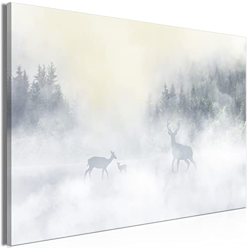 murando - Wandbilder XXL Tiere 90x60 cm Leinwandbild 1 tlg Kunstdruck modern Wandbilder XXL Wanddekoration Design Wandbild Rehe Hirsche Wiese Nebel Landschaft Wald c-C-10056-b-a