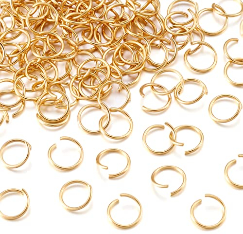 PandaHall 500 Stück goldene Edelstahl-Ringe, 8 mm, rund, 0,8 mm dick, Metall, rund, ungelötet, Ringverbinder für Kettennetz-Schmuckherstellung