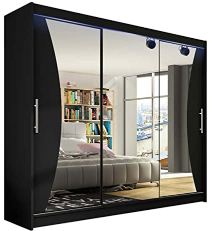 Mirjan24 Kleiderschrank Aston IV, Spiegel, Garderobe, Schlafzimmer, Schwebetürenschrank, Schlafzimmerschrank, Schiebetürenschrank (Schwarz, mit RGB LED Beleuchtung)