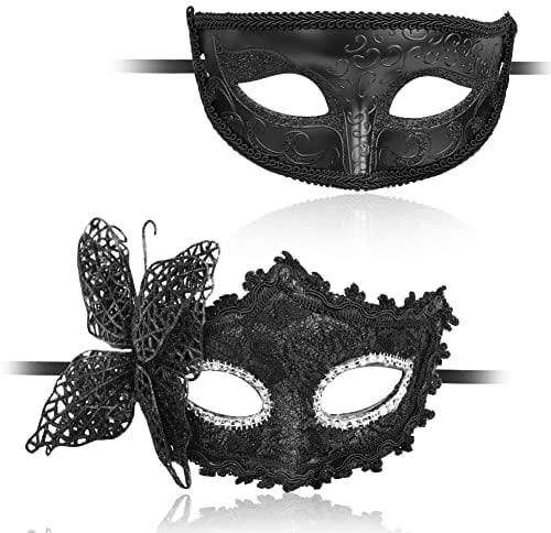 Aomig Venezianische Maske, 2 Stück Maskerade Augenmaske für Damen Herren, Sexy Katzenmaske Masken für Fasching Maskenball Karneval Abendkleid Party (Schwarz)