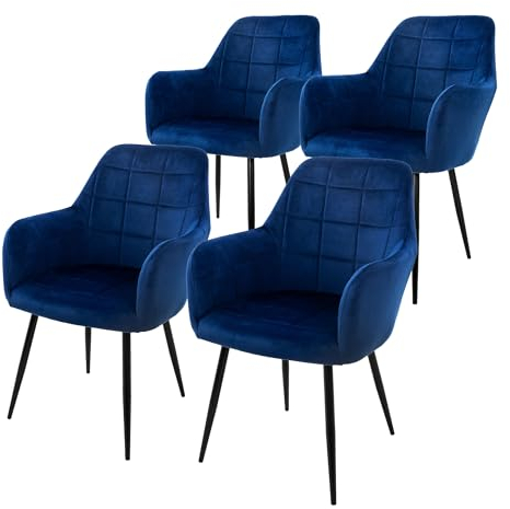 ECD Germany 4er Set Esszimmerstühle mit Rücken- und Armlehnen, Dunkelblau, Küchenstühle mit Samtbezug, Polsterstühle mit Metallbeinen, Ergonomische Stühle für Esstisch, Wohnzimmerstühle Esszimmerstuhl