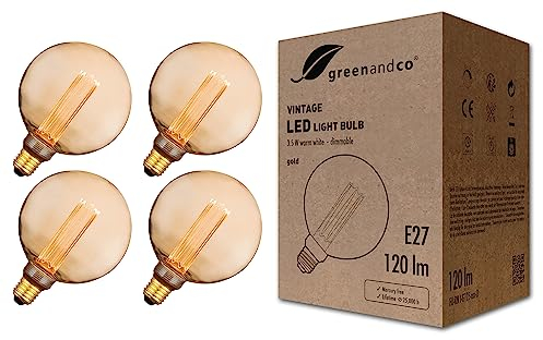 greenandco 4x dimmbare Vintage Design LED Birne zur Stimmungsbeleuchtung | E27 G125 | gold | 3,5W 120lm | 1800K extra warmweiß | 320° | 230V | flimmerfrei | Edison Glühbirne