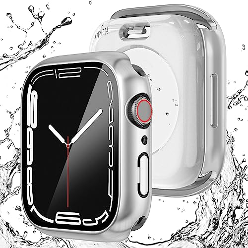 NewWays Funda resistente al agua para Apple Watch 44 mm Series SE (2024-2020) 6 5 4 con protector de pantalla de cristal, funda protectora para iWatch 44 mm, plata
