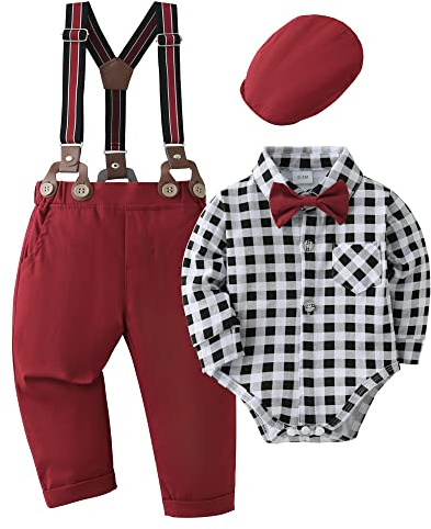 Amissz Baby Boy Gentleman Clothes Suit Infant Formal Long Sleeve Tuxedo Romper Jumpsuit + Suspender Pants + Beret Hat 3pcs Black and White Plaid, 0-3 Months