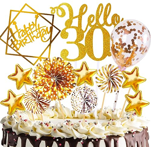 Tortendeko Geburtstag,Happy Birthday 30 jahre Kuchendeko Frauen Männer,30.Cake Topper,Cupcake Topper mit Sternen Konfetti-Luftballons und Papierfächer für 30 Geburtstag