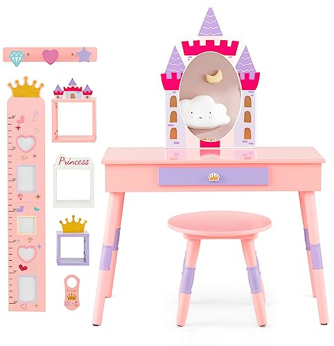 GOPLUS Tocador infantil con espejo, mesa de tocador de princesa con tabla de crecimiento, colgador de puerta, gancho para ropa y estante de pared, mesa cosmética de madera con taburete, niña