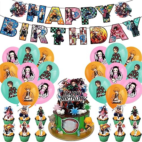 Anime Party Dekoration Set Nezuko/Tanjiro/Kyoujurou Thema Geburtstag Party Supplies Dekorationen Happy Birthday Banner, Luftballons, Kuchen Toppers, Cupcake Toppers