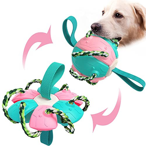 Addcean Dog Toy Balls with Chewing Ropes, Pet Flying Saucer Ball Dog Toy Interactive Dog Toys for Tug of War, Best Gifts for Small & Medium Dogs【Not for Aggressive Chewers】 (Pink)