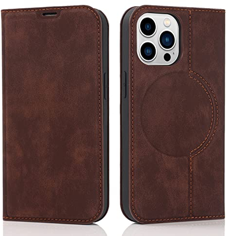 QLTYPRI Wallet Case for iPhone 15 Pro 6.1 inch Compatible with Magsafe Charger, Magnetic Flip Folio PU Leather Phone Case with RFID Blocking Card Holder Slots Kickstand Shockproof Cover - Coffee