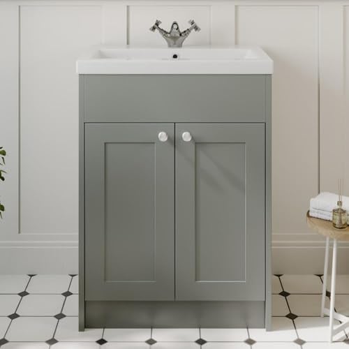Baystone® 600mm Traditional Bathroom Vanity Unit with Wash Basin Ceramic Sink, Double Door, Cloakroom Storage Furniture Under Basin Cabinet, Floorstanding Cabinets Grey