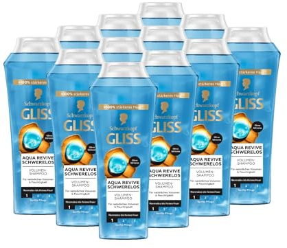 Gliss Shampoo Aqua Revive Schwerelos (12 x 250 ml), Haarshampoo mit Panthenol und Meeresalgen, Reparaturshampoo für normales bis feines Haar