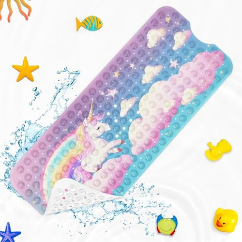 Culudea Badematte mit Regenbogen-Einhorn, Wolken, rosa Himmel, Kawaii, niedlich, rutschfest, extralang, 101,6 x 40,6 cm, maschinenwaschbar, für Badezimmer, Badewanne, Badematte für Kleinkinder und