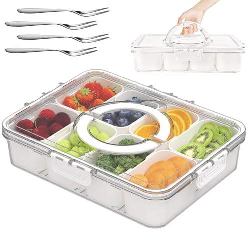 Kevsuvqin Snackbox mit Fächern, Transparente Snackteller mit Deckel und Griff, Tragbare Snackschale mit Deckel, Obst/Süßigkeiten/Snackdose mit Fächern für Partys, Picnic (8 Fächer + 4 Edelstahlgabeln)