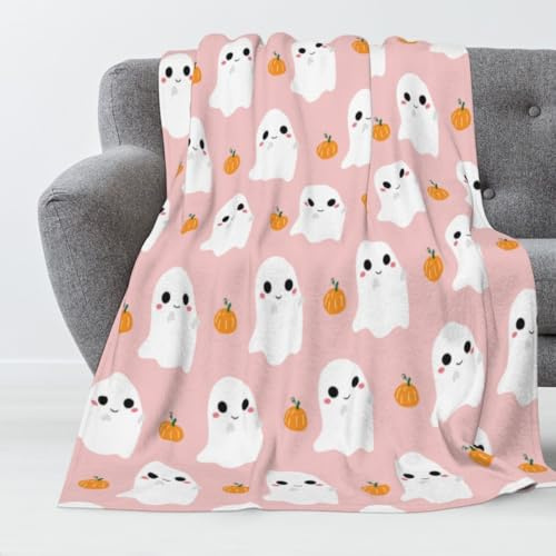 KoMico Coperta in pile con zucca di Halloween, ragnatela e pipistrello, ideale per camere da letto dei bambini, salotti, divani, divani e decorazioni per la casa (rosa, fantasmi, zucca)