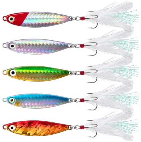 Dr.Fish Set of 5 Metal Sea Fishing Lure 30g Jig Spoons for Beach Casting Spinner Slow Sinking Lure Sea Fishing Tackle for Mackerel Cod Sea Bass Pike Freshwater Saltwater