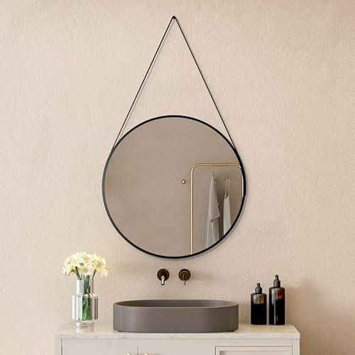 WDWRITTI Rund Spiegel mit Schwarz Metallrahmen, HD Wandspiegel mit Ledergürtel Badspiegel Schminkspiegel für Badzimmer, Ankleidezimmer oder Wohnzimmer (60cm)