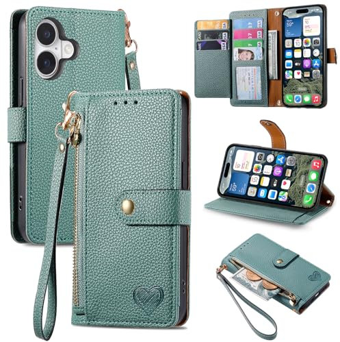 VEEMOS Zipper Wallet Case for Apple iPhone 16 Plus Phone Case with Purse Card Holders RFID Blocking Leather Flip Case Book Cover Wrist Strap Women - Green