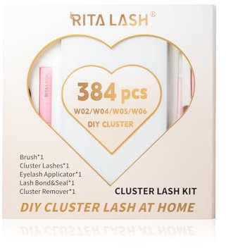 RITALASH DIY Lash Extension Kit 384pcs Lash Clusters Eyelash Extension Kit with Mascara Brush Bond and Seal Lash Glue Remover Lash Applicators (384pcs W02+W04+W05+W06 KIT)