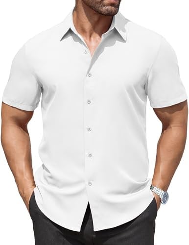 COOFANDY Mens Short Sleeved Shirts Plain Formal Shirt Stretch Office Work Shirt Business Casual Regular Fit Button Down Shirts White XL