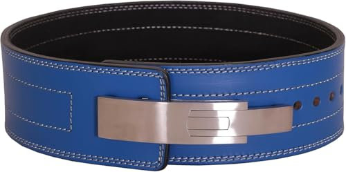 Lever Pro Gym - Cinturón de entrenamiento de fuerza de piel auténtica, hebilla de palanca de acero inoxidable, soporte lumbar de 10 cm y 10 mm de grosor (azul, pequeño de 26 a 32 pulgadas)