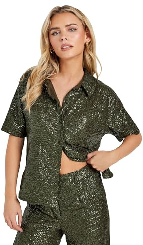 PixieGirl Petite Khaki Green Sequin Embellished Short Sleeve Shirt Petite