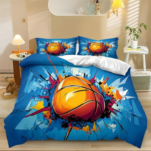 Bettwäsche 3 Teiligs Bettbezug Bettwäsche Sets mit 2 Kissenbezüge 80x80cm Sport Graffiti Basketball Drucken Muster Weich Mikrofaser Bettwäsche Set mit Reißverschluss 200 x 200 cm Orange Blau