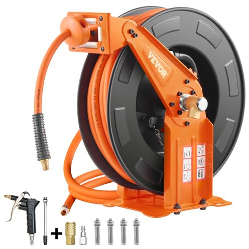 VEVOR Retractable Air Hose Reel with Double Arms, 3/8 IN x 65FT Hybrid Air Hose Max 300PSI, Air Compressor Hose Reel with 5FT Lead in, Ceiling/Wall Mount Heavy Duty Steel Reel for Workshop Garage