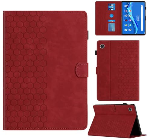 Rosbtib Funda para Lenovo Tab M10 FHD Plus 2020/Tab K10 2021 10.3 TB-X606F/X606X/X606V/X6C6F/X6C6X con Soporte y Ranura para Tarjetas, Funda de Piel sintética con patrón de Textura Hexagonal, Rojo
