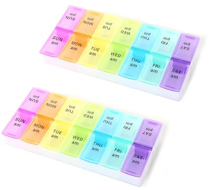MYLERCT 2 Stück Pill Organizer, Pillendose 7 Tage 2 Fächer, Bunt Pillendose 7 Tage Klein, mit Morgen Nachmittag Englischer Erinnerung, für Lagerung Vitamine Pillen Fischöl
