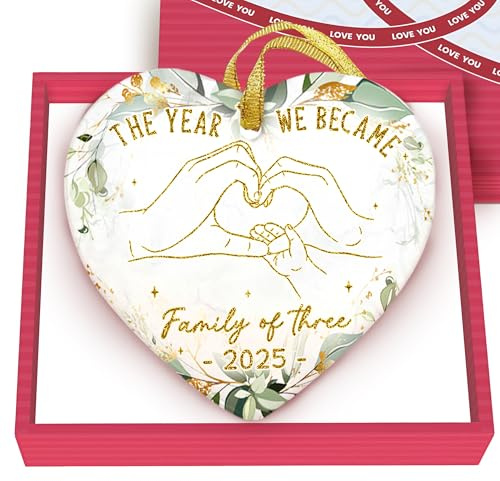 GOSSBY Baby First Christmas Ornament 2025 - The Year We Became Family of 3 - Baby Frist for New Parents - Newborn, 1st Xmas Tree Decoration - Heart-Shaped Ceramic Ornament