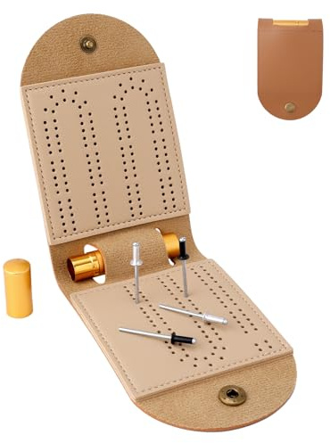 Cribbage Brettspiel Set, Faltbares Tragbares PU Mini 2-Spur Cribbage-Brett für Unterwegs mit 4 Metallstiften und 1 Aufbewahrungsröhren Ideal für Familie und Freunde