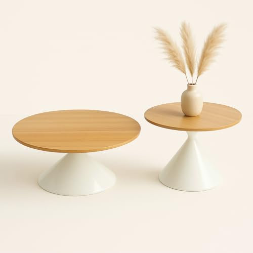 JAZYKA Table Basse Salon Ronde gigogne – Set de 2 – Bois Clair et Blanc cassé – Design scandinave Moderne – Table d’appoint ou Bout de canapé – Modèle ÁUREA