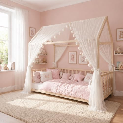 Baby Fancyroom Betthimmel für Hausbett, Bettvorhang aus Tüll, Beige, 2er Set mit Schleifen und Pompomgirlande, Baldachin für Kinderbett Mädchen (Ecru/Weiß, 320cm, mit Pompomgirlande)