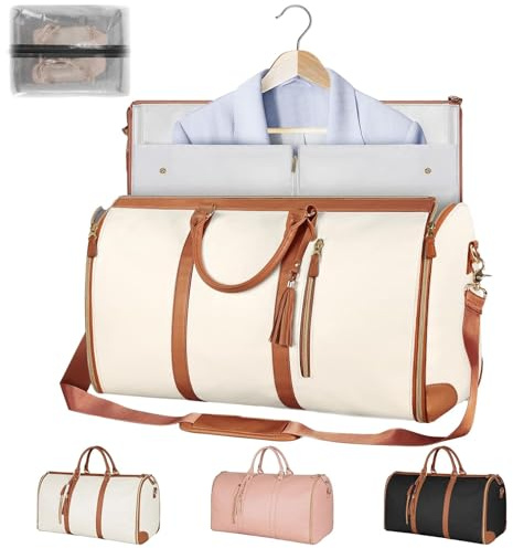 GZKDKZB Reisetasche mit Rollen, 3-in-1-Anzuggepäcktasche für Damen, Geschäftsreisen und Reisen mit Schuhbeutel, Faltbarer Kleidersack aus PU-Leder zum Mitnehmen (Basic, Beige)