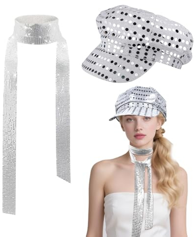 SAIIURV 2 Stück Paillettenhut, Disco Kostüm 70er 80er Jahre Accessoires mit Pailletten Hut, Glitzer Halstuch, Lange Schmale Krawatte für Disco Glitzer Kostümzubehör Kostüm Karneval Mottoparty