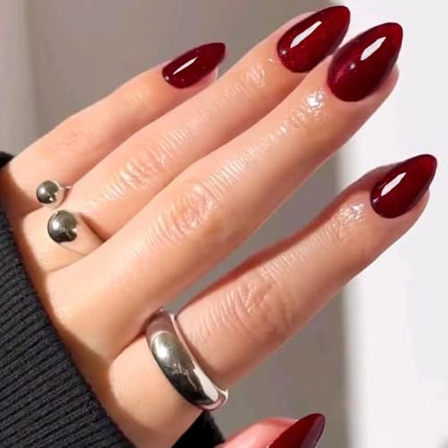 GLAMERMAID 24 PCS Kurze Mandel Künstliche Fingernägel Dunkelrote Handgefertigtes Weiches Gel Burgunderrot Tiefrot Rund Oval Klebestift Nagelset für Frauen Wiederverwendbares Acryl-Kunstnagelset