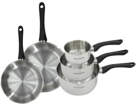 Fackelmann 9443750 Set 2 poêles 20 et 24 cm et 3 casseroles 12 16 et 20 cm en inox 18/8, tous feux, induction, sans PFAS, Acier inoxydable 18/8, 12 16 20 24 cm