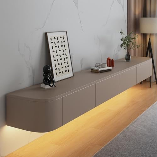 Coubird Mueble de TV Flotante, Estantes de TV Flotantes Caqui Montados en Pared con Luz LED, Puertas y Cajón, Entretenimiento Moderna, Unidad de TV de Almacenamiento para Sala de Estar (140cm/55in)