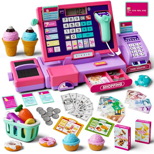 2026 maysida Caisse enregistreuse pour Enfant, Jouet, avec véritable Calculatrice, Scanner, Carte de crédit, Argent de Jeu, Nourriture (Violet et Rose)