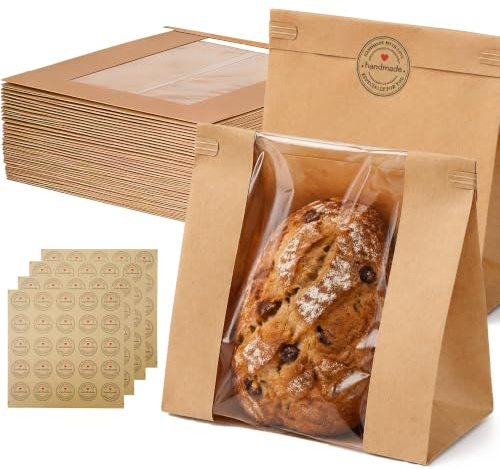EffiQ-Rate 100Pcs Bread Bags 26x11x26cm Large Bakery Bags with Clear Window | Kraft Paper Bags, 80gsm PE Coating, with Tin Tie Closure & Stickers, Waterproof & Oil-proof, for Cookies, Pastries, Toast
