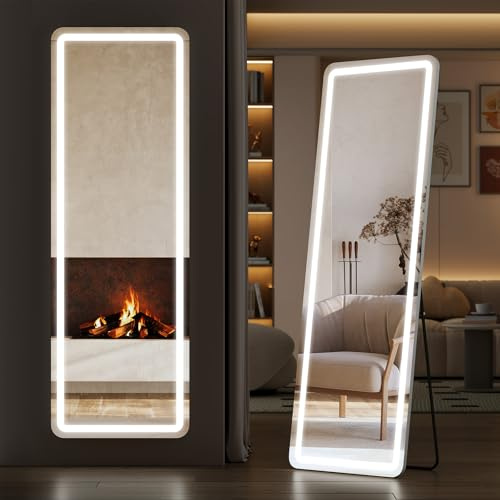 Sweetcrispy Full Length Mirror with LED Lights, 65x21 Lighted Floor Mirror with Dimming & 3 Color Lighting, Stand for Bedroom, Dressing Room