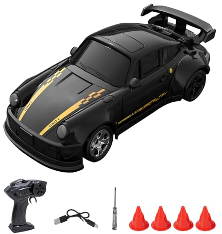 WDKXCN RC Drift Car, 1:64 Mini Ferngesteuertes Auto mit Fernbedienung, 4WD Drift Auto mit LED Scheinwerfer, Spielzeugauto mit Proportionaler Lenkung, Desktop RC für Erwachsene, Schwarz