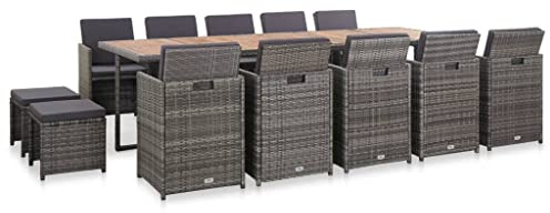 QJBSAVVA 15-TLG. Gartenmöbel Set aus Anthrazit-PE-Rattan 282 x 109 cm Essgruppe mit Holztisch 10 Klappstühlen 4 Hockern für Balkon Terrasse Garten Lounge Sitzgruppe Outdoor
