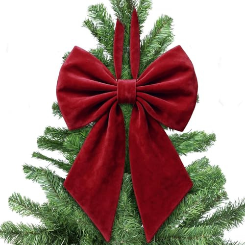 Large Christmas Bow Tree Topper Retro Velvet Bow Christmas Tree Top Decoration Hanging Ribbon Bowknot for Birthday Party & Wedding Party Backdrop Decor (Burgundy, 55cm*30cm)