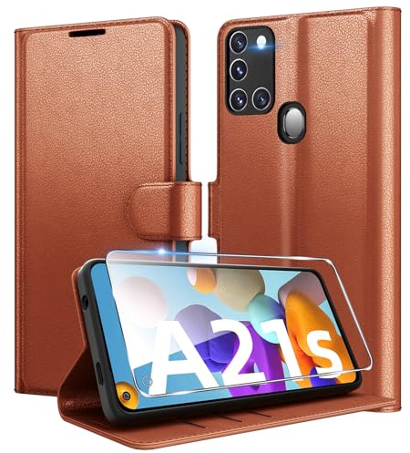 Eirltiy Handyhülle für Samsung Galaxy A21s Hülle Premium PU Leder, Wallet Kartenfach Standfunktion Schutzhülle Stoßfeste Klapphülle Flip Case mit 1 Stück Panzer Schutz Glas Braun