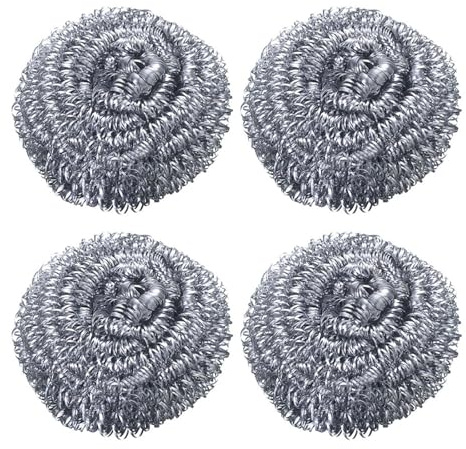 NiuLumea Edelstahl Topfreiniger Schwämme 4 Stück, Stahlwolle Schrubber für Küchenherd, Backofen, Töpfe, Pfannen, Grillroste, Spüle und Utensilien, Silber 4 x 3 cm