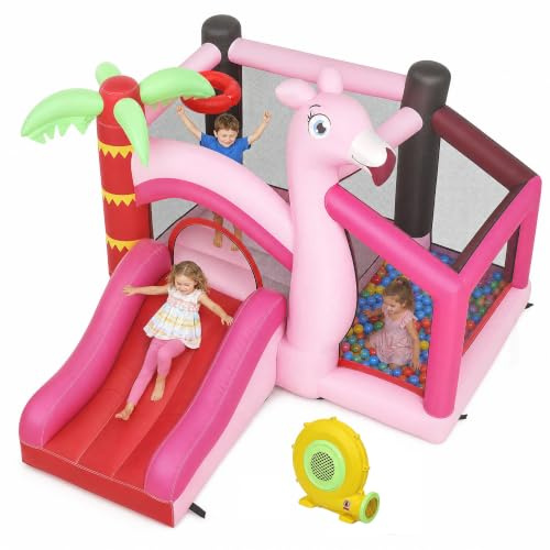 AIYAPLAY Bouncy Castle with Trampoline Slide Ball Pit, Flamingo-Theme Pink | 4-in-1 Bouncy Castles for Children with Basketball Hoop, Blower, Indoor Outdoor Garden Party for 3-8 Years
