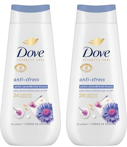 DOVE Gel Douche Anti-Stress Camomille & Lait d'Avoine 0% Sulfate 2x225ml | Nourrit et Prend Soin des Peaux Sèches, 24h Sensation Peau Douce Comme un Lait Corporel, Testé Dermatologiquement
