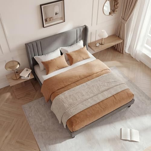 BSCFHCZ Polsterbett 160x200 cm Bettgestell mit Kopfteil und Lattenrost, Modernes Doppelbett Grau, Elegantes Ehebett aus Leinenstoff, Stabiles Design & Geräuschlos, Schlafzimmer, Keine Matratze